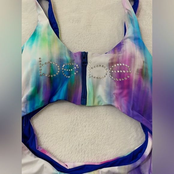 Bebe One Piece Swim Monokini Bathing Suit Zip Rhinestones Crystals Tie Dye S - Picture 6 of 8